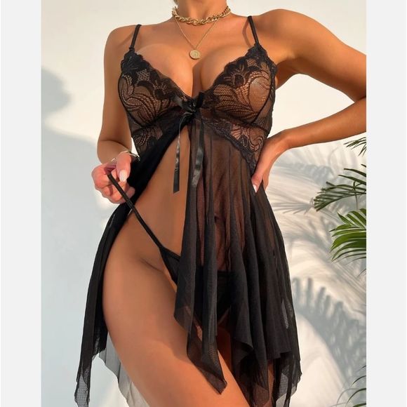 Women Sexy Lingerie Lace Mesh Bow Slips Babydoll Sleepwear Dress With Thong US - Picture 3 of 5